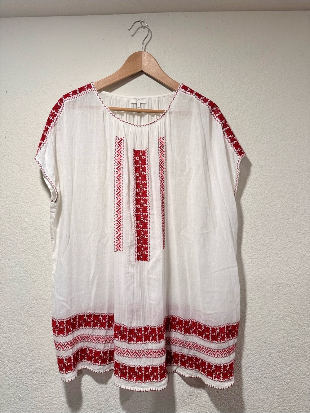 JOIE White and Red Embroidered Oversized Peasant Dress